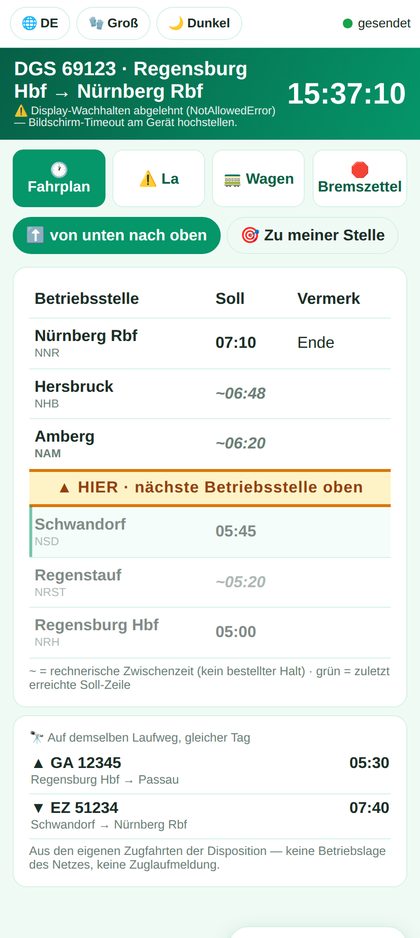 Bildschirmfoto der Tf-App auf dem Telefon: Fahrplan mit Betriebsstellen, Ankunfts- und Abfahrtszeiten und dem Marker der zuletzt erreichten Stelle.