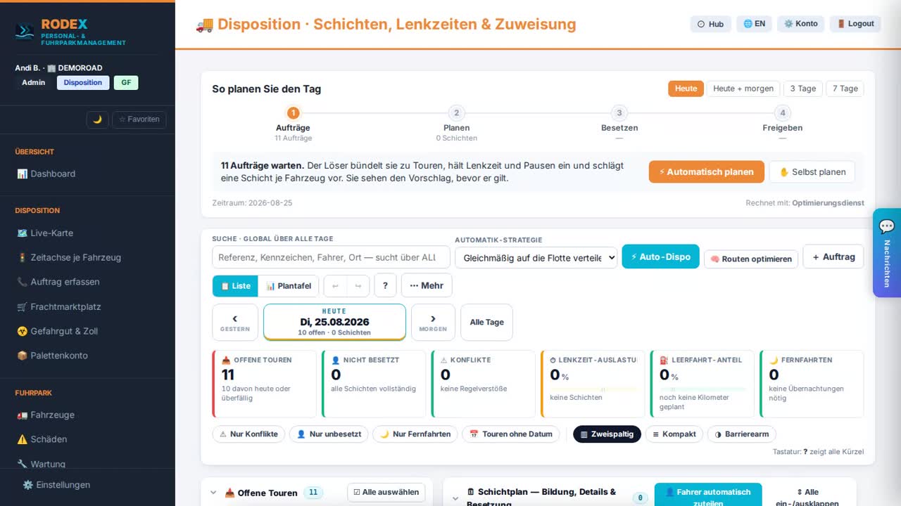 RODEX Disposition — Plantafel mit elf offenen Touren